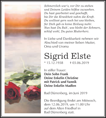 Traueranzeige von Sigrid Elste von Super Sonntag Merseburg