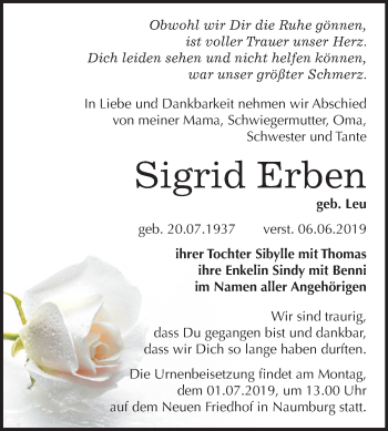 Traueranzeige von Sigrid Erben von Mitteldeutsche Zeitung