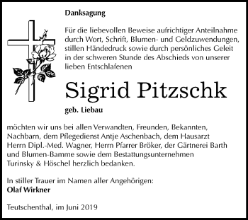Traueranzeige von Sigrid Pitzschk von Mitteldeutsche Zeitung Halle/Saalkreis