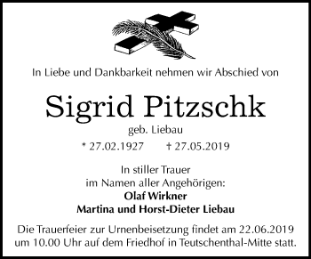 Traueranzeige von Sigrid Pitzschk von Mitteldeutsche Zeitung Halle/Saalkreis