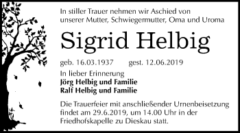 Traueranzeige von Sigrid Helbig Helbig von Mitteldeutsche Zeitung Halle/Saalkreis