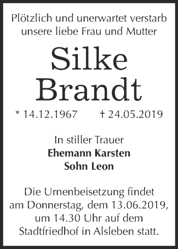 Traueranzeige von Silke Brandt von Super Sonntag Bernburg