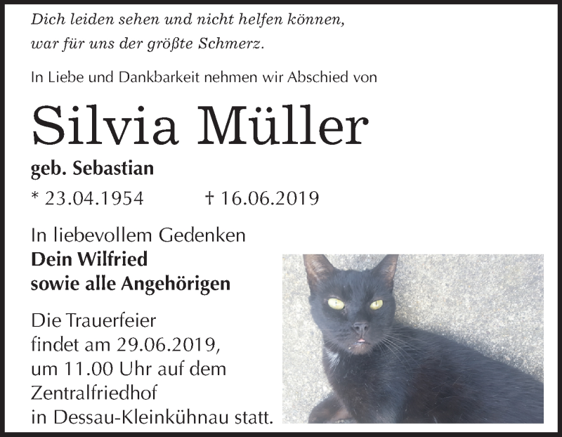  Traueranzeige für Silvia Müller vom 22.06.2019 aus Mitteldeutsche Zeitung Dessau-Roßlau