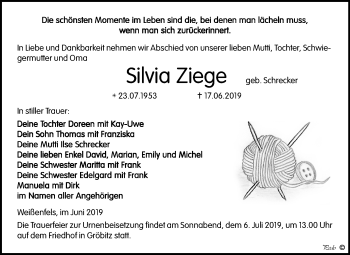 Traueranzeige von Silvia Ziege von Mitteldeutsche Zeitung Weißenfels