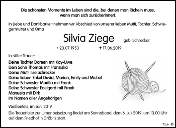 Traueranzeige von Silvia Ziege von WVG - Wochenspiegel NMB / WSF / ZTZ