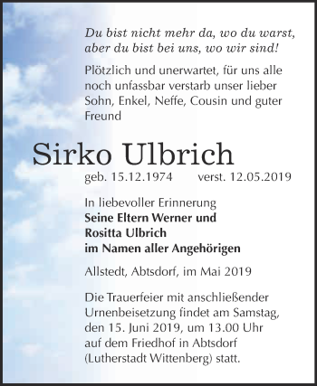 Traueranzeige von Sirko Ulbrich von WVG - Wochenspiegel Wittenberg