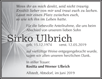Traueranzeige von Sirko Ulbrich von WVG - Wochenspiegel Wittenberg