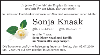 Traueranzeige von Sonja Knaak von Mitteldeutsche Zeitung Dessau-Roßlau