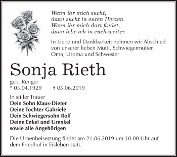 Traueranzeige von Sonja Rieth von Super Sonntag SGH Mansf. Land
