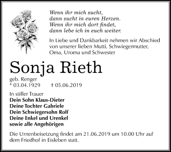 Traueranzeige von Sonja Rieth von Mitteldeutsche Zeitung Mansfelder Land