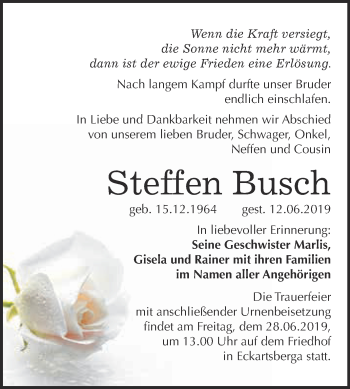 Traueranzeige von Steffen Busch von WVG - Wochenspiegel NMB / WSF / ZTZ