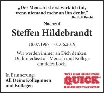 Traueranzeige von Steffen Hildebrandt von Super Sonntag SGH Mansf. Land