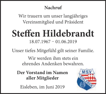 Traueranzeige von Steffen Hildebrandt von Super Sonntag SGH Mansf. Land