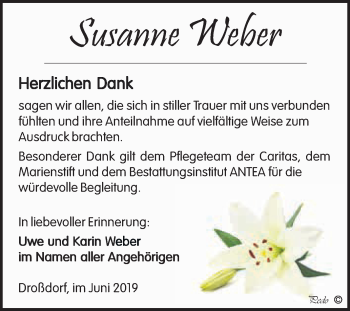 Traueranzeige von Susanne Weber von WVG - Wochenspiegel NMB / WSF / ZTZ