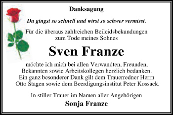 Traueranzeige von Sven Franze von WVG - Wochenspiegel Dessau / Köthen