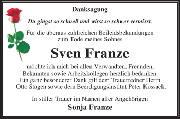 Traueranzeige von Sven Franze von Mitteldeutsche Zeitung Dessau-Roßlau