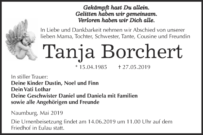  Traueranzeige für Tanja Borchert vom 12.06.2019 aus WVG - Wochenspiegel NMB / WSF / ZTZ