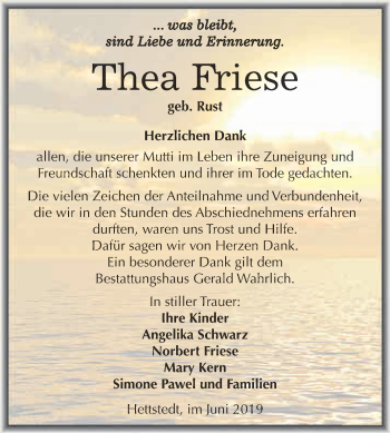 Traueranzeige von Thea Friese von Super Sonntag SGH Mansf. Land
