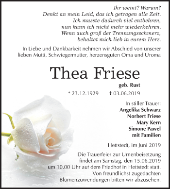 Traueranzeige von Thea Friese von Mitteldeutsche Zeitung