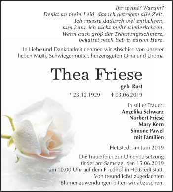 Traueranzeige von Thea Friese von Super Sonntag SGH Mansf. Land