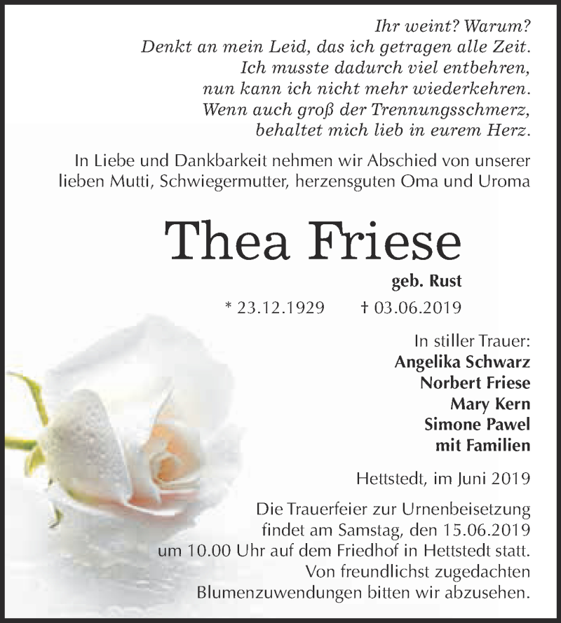 Traueranzeige für Thea Friese vom 03.06.2019 aus Super Sonntag SGH Mansf. Land