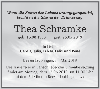 Traueranzeige von Thea Schramke von Super Sonntag Bernburg