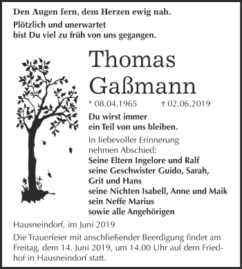Traueranzeige von Thomas Gaßmann von Super Sonntag Aschersleben