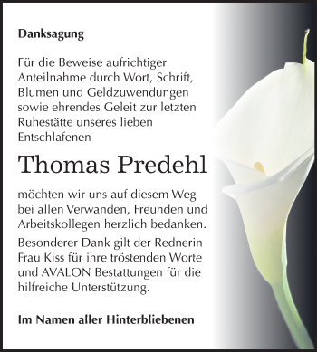 Traueranzeige von Thomas Predehl von Mitteldeutsche Zeitung Halle/Saalkreis