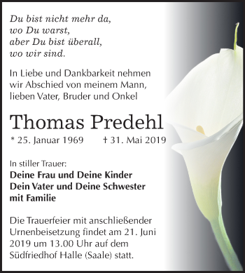 Traueranzeige von Thomas Predehl von Mitteldeutsche Zeitung Halle/Saalkreis
