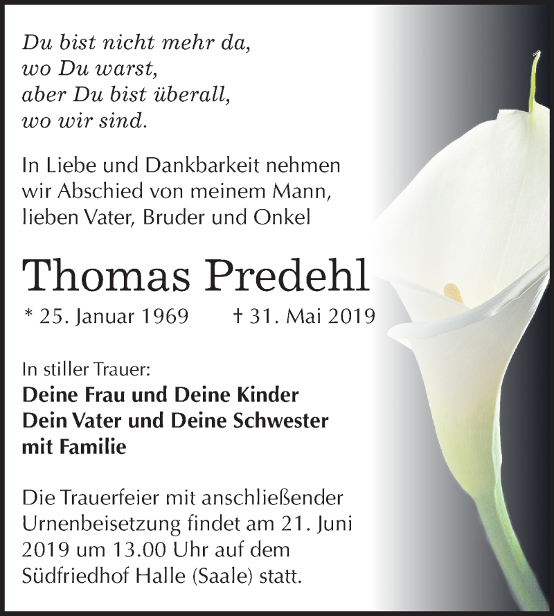  Traueranzeige für Thomas Predehl vom 08.06.2019 aus Mitteldeutsche Zeitung Halle/Saalkreis
