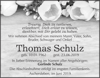 Traueranzeige von Thomas Schulz von Super Sonntag Aschersleben
