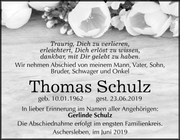 Traueranzeige von Thomas Schulz von Mitteldeutsche Zeitung Aschersleben