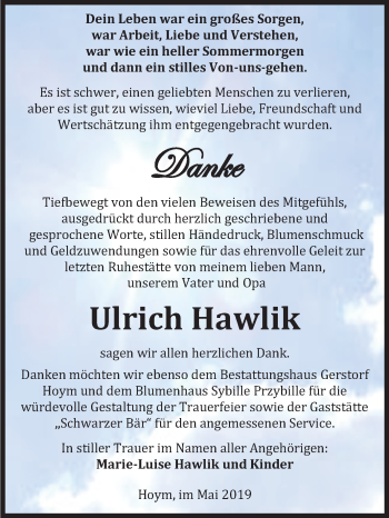Traueranzeige von Ulrich Hawlik von Mitteldeutsche Zeitung Aschersleben