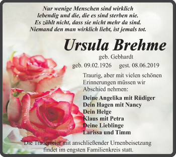 Traueranzeige von Ursula Brehme von Super Sonntag Quedlinburg
