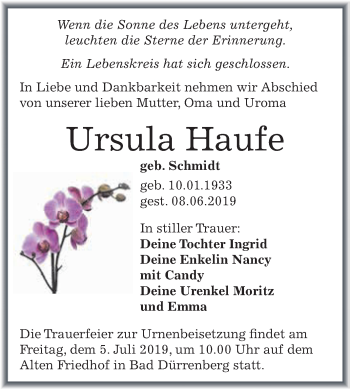 Traueranzeige von Ursula Haufe von WVG - Wochenspiegel Merseburg