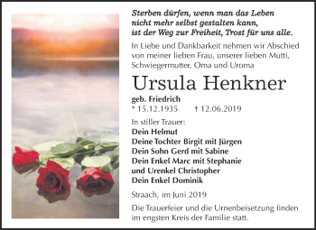 Traueranzeige von Ursula Henkner von WVG - Wochenspiegel Wittenberg