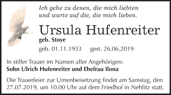 Traueranzeige von Ursula Hufenreiter von Mitteldeutsche Zeitung Halle/Saalkreis