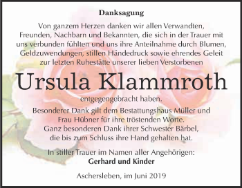 Traueranzeige von Ursula Klammroth von Super Sonntag Aschersleben