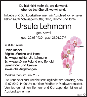 Traueranzeige von Ursula Lehmann von Mitteldeutsche Zeitung Weißenfels