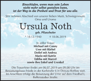 Traueranzeige von Ursula Noth von Mitteldeutsche Zeitung Dessau-Roßlau