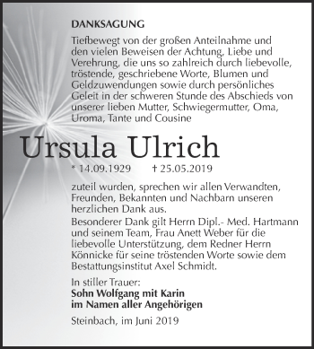 Traueranzeige von Ursula Ulrich von WVG - Wochenspiegel NMB / WSF / ZTZ
