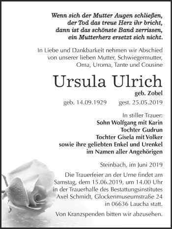 Traueranzeige von Ursula Ulrich von WVG - Wochenspiegel NMB / WSF / ZTZ
