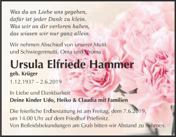 Traueranzeige von Ursula Elfriede Hammer von WVG - Wochenspiegel Merseburg