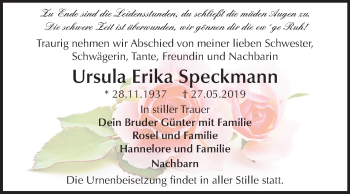 Traueranzeige von Ursula Erika Speckmann von Mitteldeutsche Zeitung Bitterfeld