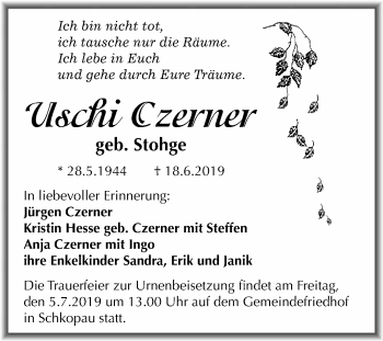 Traueranzeige von Uschi Czerner von WVG - Wochenspiegel Merseburg