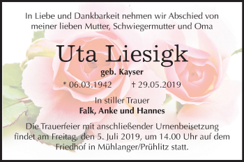 Traueranzeige von Uta Liesigk von Mitteldeutsche Zeitung