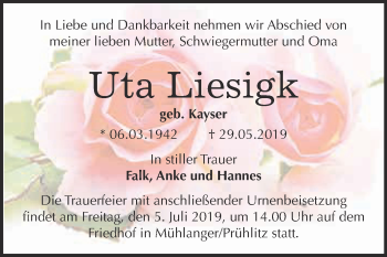 Traueranzeige von Uta Liesigk von WVG - Wochenspiegel Wittenberg