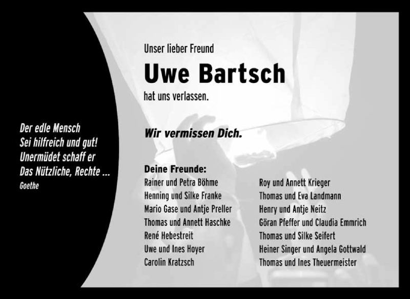  Traueranzeige für Uwe Bartsch vom 24.06.2019 aus WVG - Wochenspiegel NMB / WSF / ZTZ