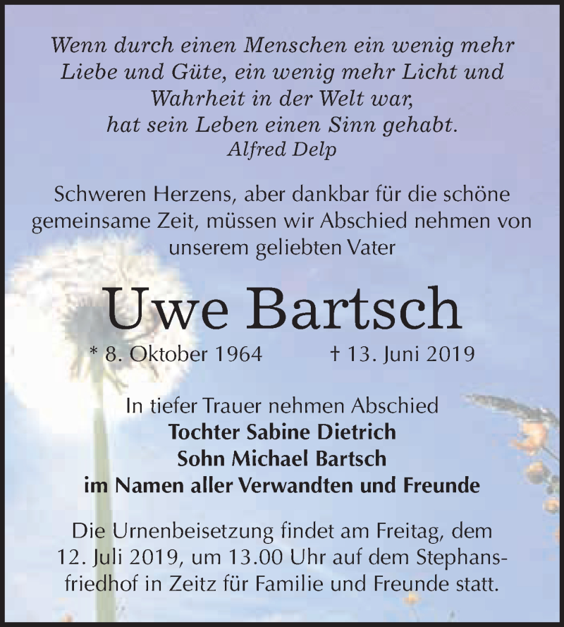  Traueranzeige für Uwe Bartsch vom 29.06.2019 aus WVG - Wochenspiegel NMB / WSF / ZTZ