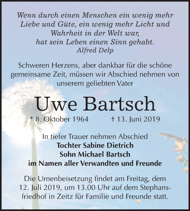  Traueranzeige für Uwe Bartsch vom 29.06.2019 aus Mitteldeutsche Zeitung Zeitz